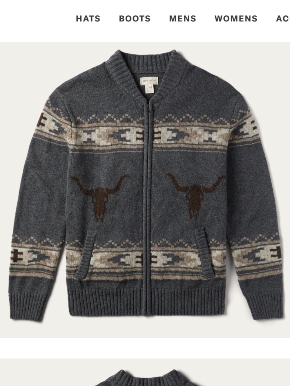 Stetson Longhorn Gray Zip Up Cotton + Wool Cardigan in Large